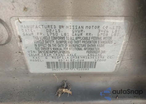 2015 Nissan Versa 1.6 S/1.6 S+/1.6 Sl/1.6 Sv from USA, damaged, VIN 3N1CN7AP9FL910585